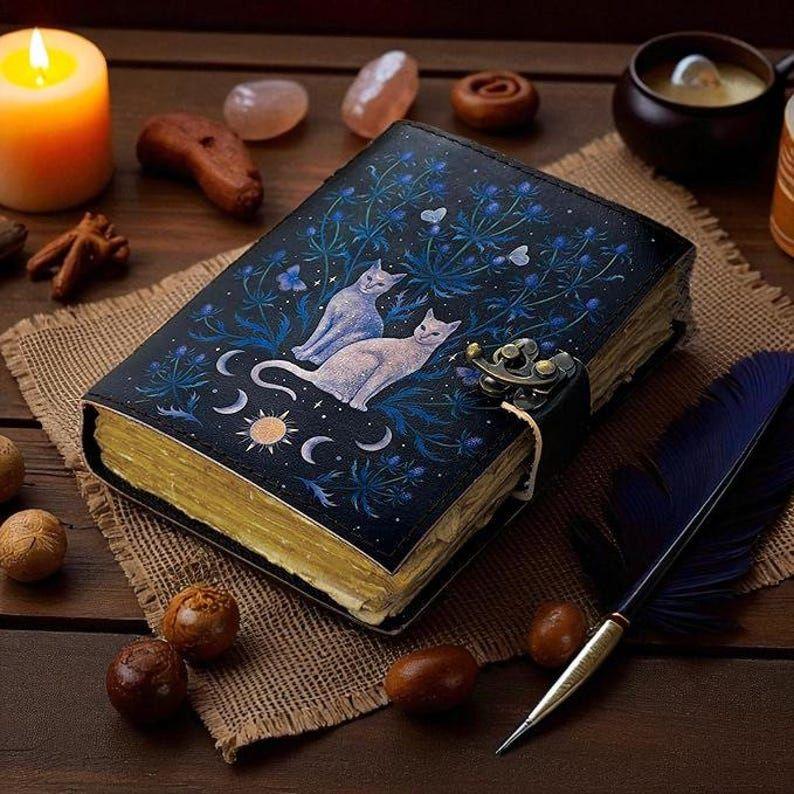 Handmade Leather Witch Journal | Blank Spell Book of Shadows | Celestial Little Witch Gift for Him Her