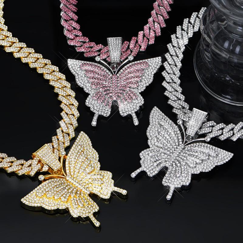 Collier Pendentif Papillon Style Hip Hop Chaîne Cubaine en Alliage Bijoux de Mode Unisexe Tenue de Soirée