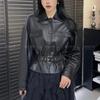 Damen Schwarz Kunstleder Cropped Jacke Übergroß Revers Mit Gürtel Moto Biker Mantel mit Klappentaschen