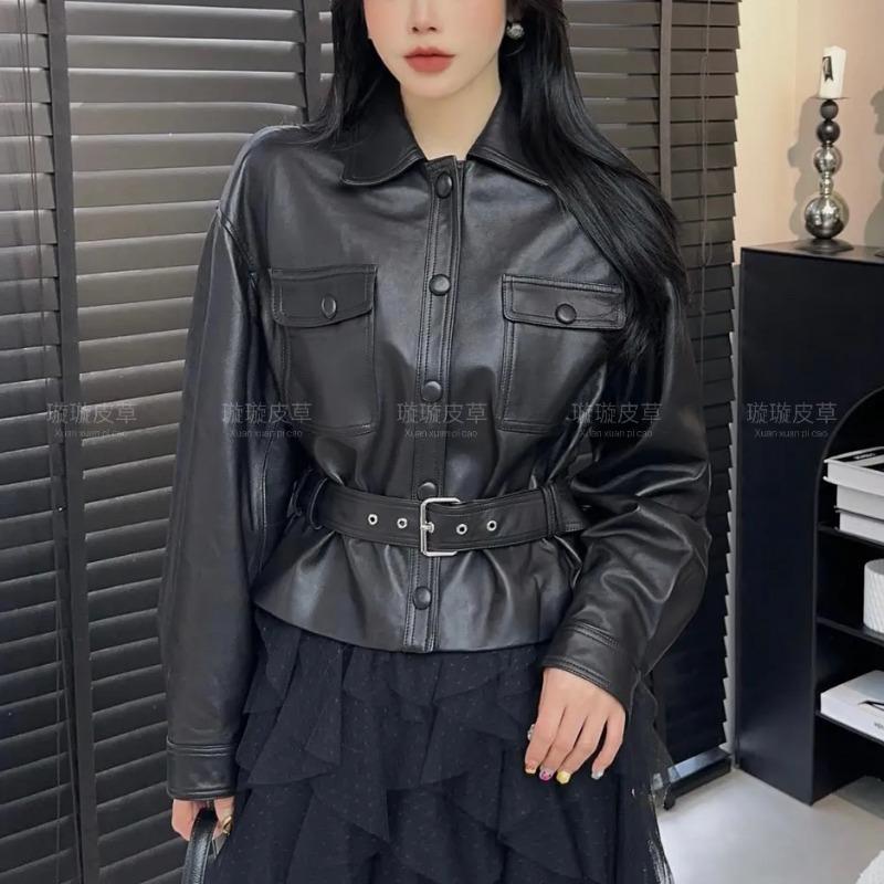 Women s Black Faux Leather Cropped Jacket Oversized Lapel Belted Moto Biker Coat with Flap Pockets S чёрный