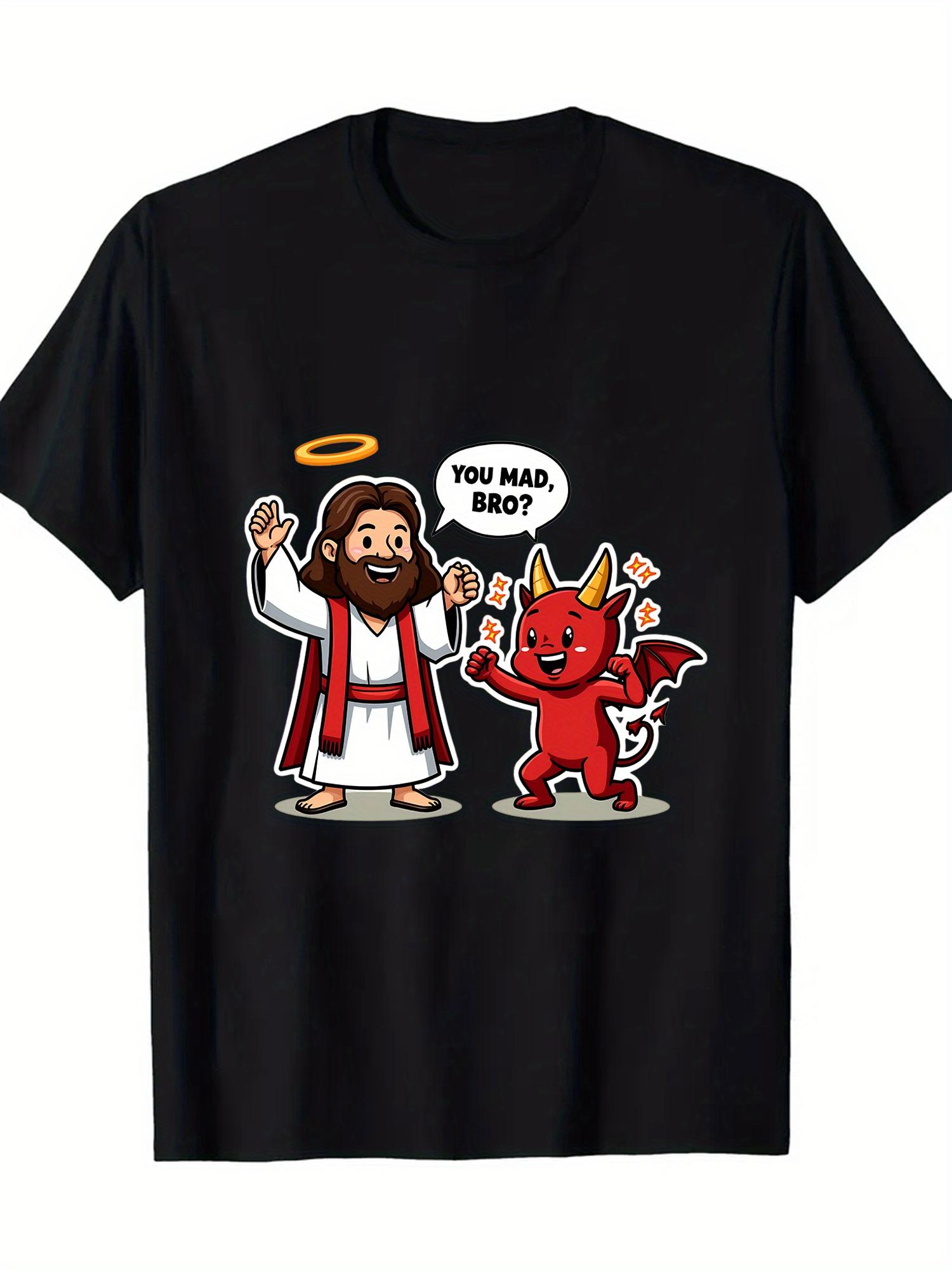 

Funny Jesus Devil Cartoon T-Shirt You Mad, Bro Design Breathable Cotton, Unisex Round Neck Short Sleeve Tee for Casual Wear 5XL різнокольоровий