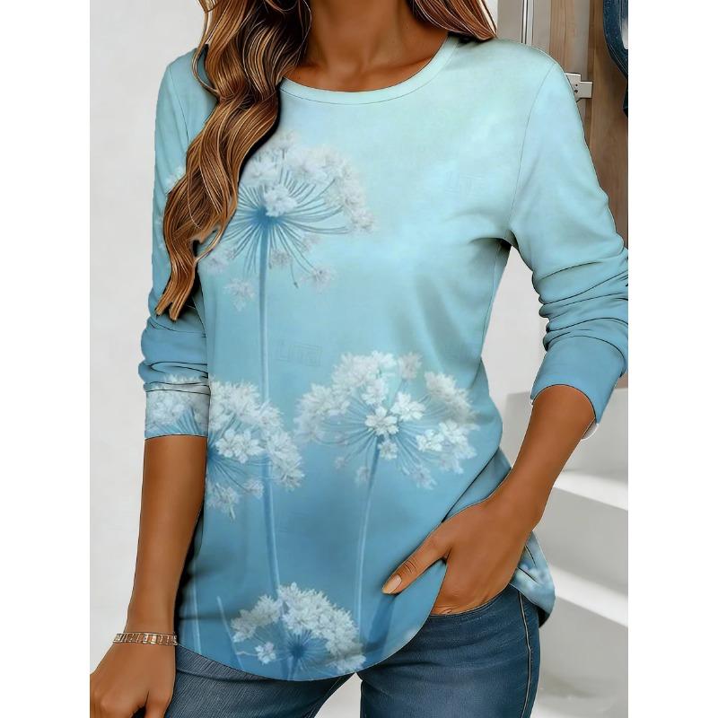 Women's Colorful Floral and Butterfly Print Long-sleeved Loose-fitting Round Neck Top, Casual Everyday Style