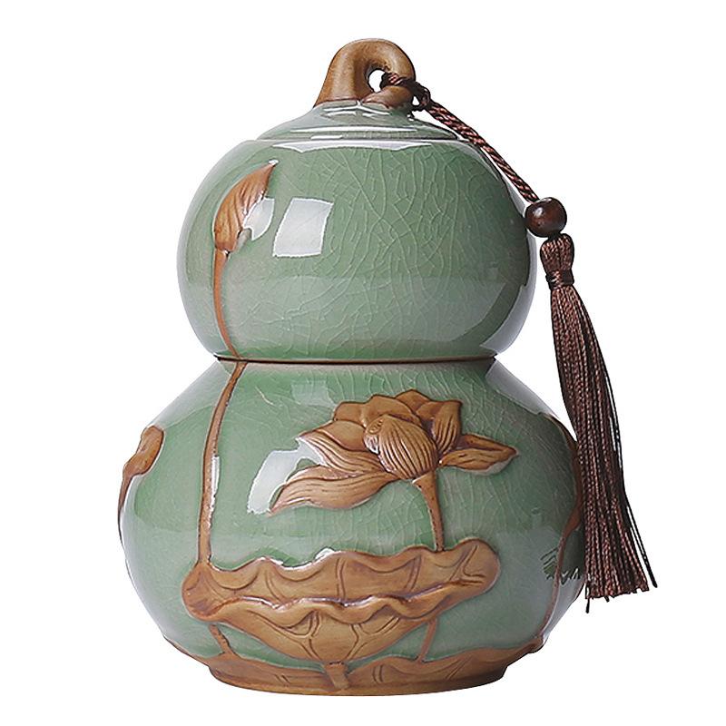 Lotus Gourd Ceramic Pots Double-sealed Tea Cans Candies Coffee Beans Storage Boxes Kitchen Food Containers Crafts Art Decoration