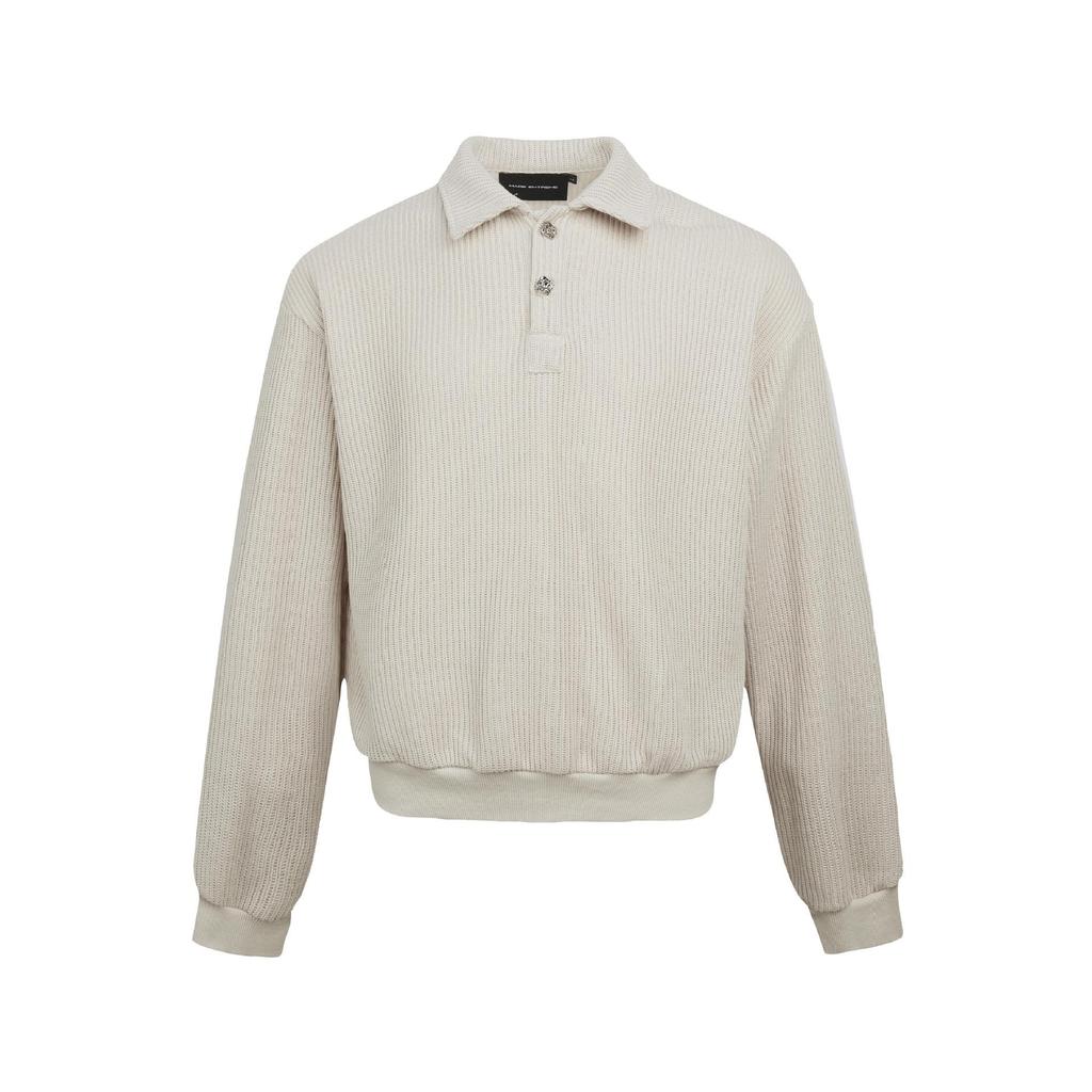 MADEEXTREME 380g Textured Vintage Preserved Flower Button Knit Long Sleeve Polo with Turn-Down Collar