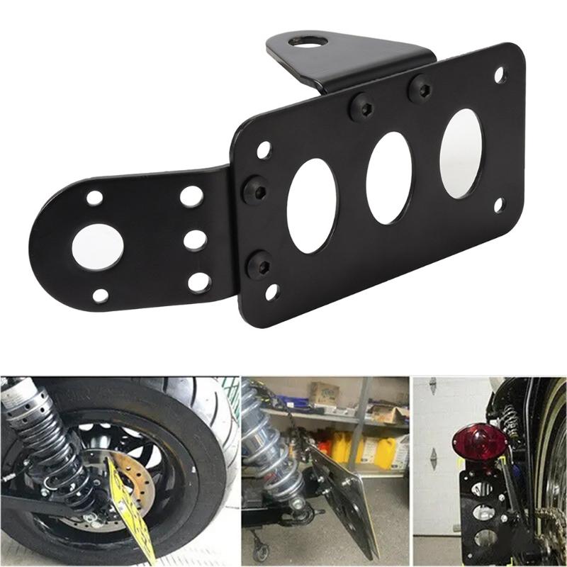 Motorcycle License Plate Mount Bracket Side Relocation Style with Adjustable Bolted Structure Slotted Plate Layout Black Finish Aluminum Build