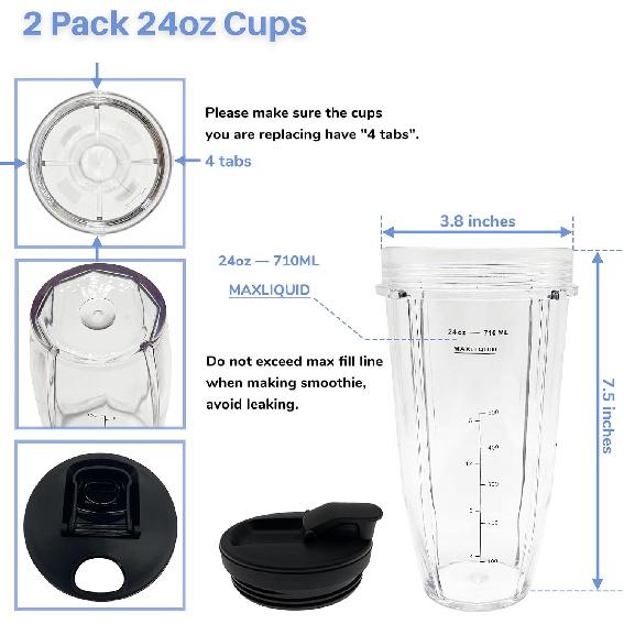 Blender 24 Oz Cups with Lids & 7 Fins Extractor Blade Replacement Parts Compatible with Nutri Ninja Auto iQ AMZ493BRN BL450-30 BL456-30 BL480-30