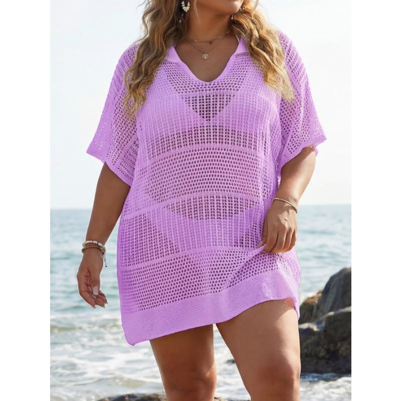 

Summer Women s Plus Size Hollow Out Knit V Neck Collared Short Sleeve Beach Cover Up Dress one size фіолетовий