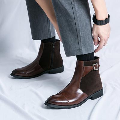 Fashion Brand Fashion Color Blocked Pointed Men Boots Leather Shoes Autumn New Collection Comfortable Side Zipper High Top Leather Boots