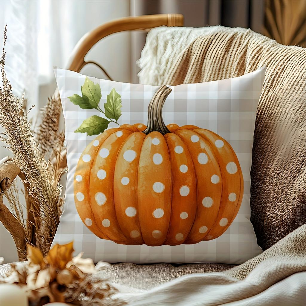 1pc Orange Checkered Polka Dot Pumpkin Printed Pillow Cover Comfortable Home Decor Cushion Cover for Living Room And Bedroom