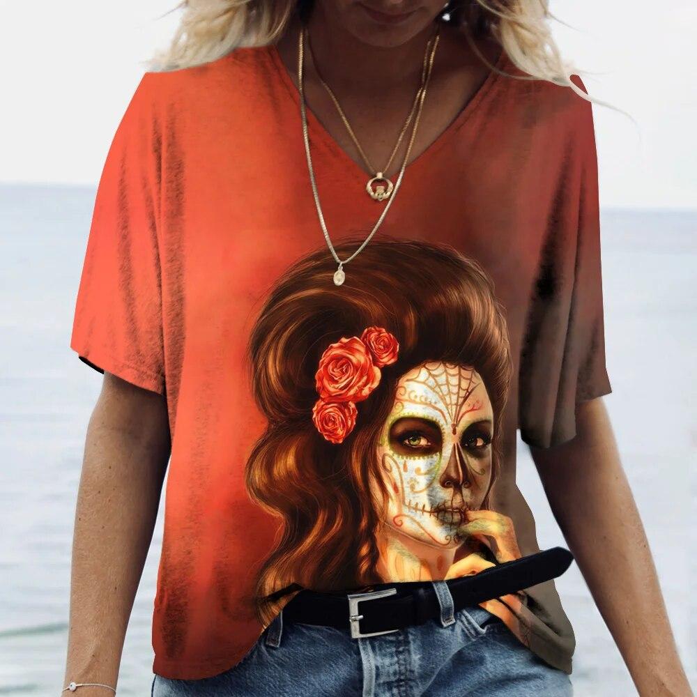 Nová dámská trička Skull Beauty Print Harajuku Y2k Streetwear Day of the Dead Oblečení Topy Dámské Oblečení nadměrné velikosti Letní 6xl