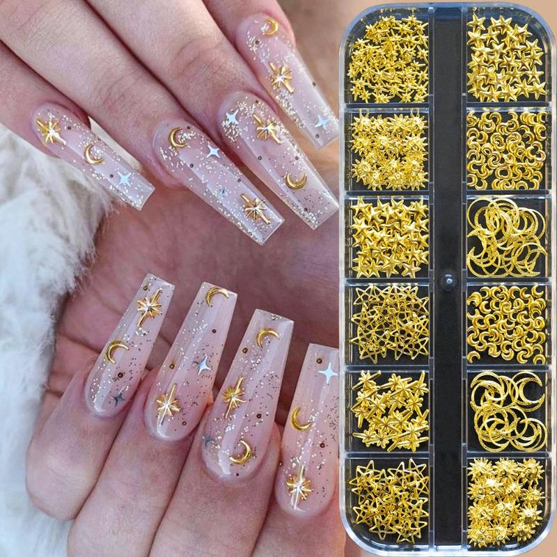 12 Grids Gold Moon Star Metallic Nail Charms 3D Y2K Jewelry Rhinestones Steel Ball Nail Art Decoration Manicure Supply Diy Nail Supplies