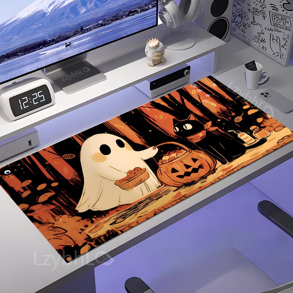 Halloween Cute Ghost Black Cat Pumpkin Forest Gaming Mouse Pad Non Slip Rubber Stitched Edge Mousepad Large Keyboard Desk Mat