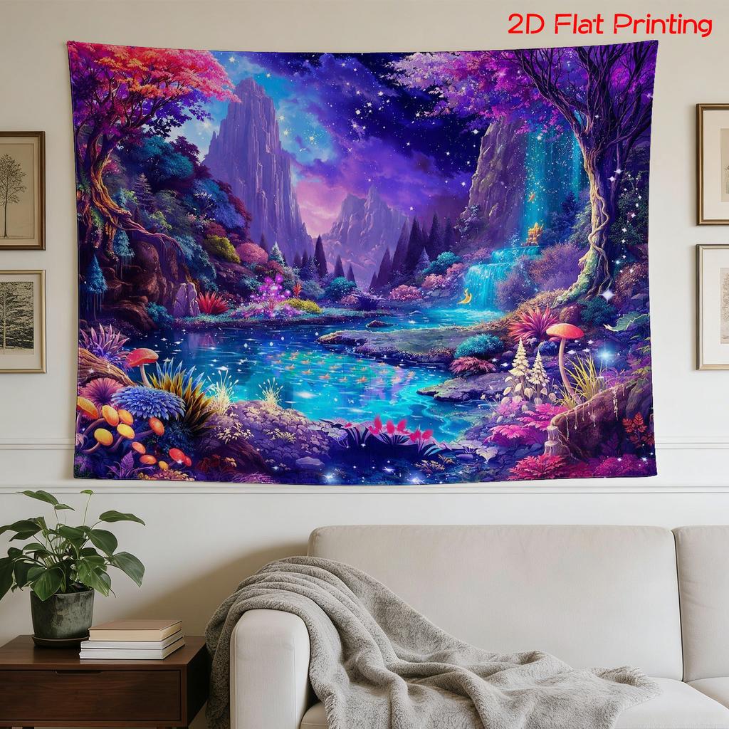 Vibrant Fantasy Landscape Tapestry Wall Art Poster Cosmic Fairy Forest Print Mystical Nature Decor Home Polyester Hanging Canvas