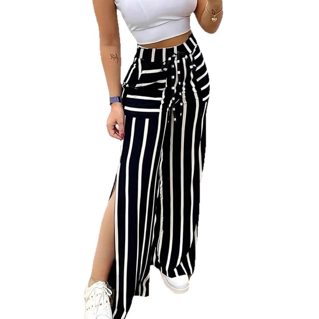Women's New Striped Print Trousers High-slit Elastic Waist Split Pocket Wide-leg Pants