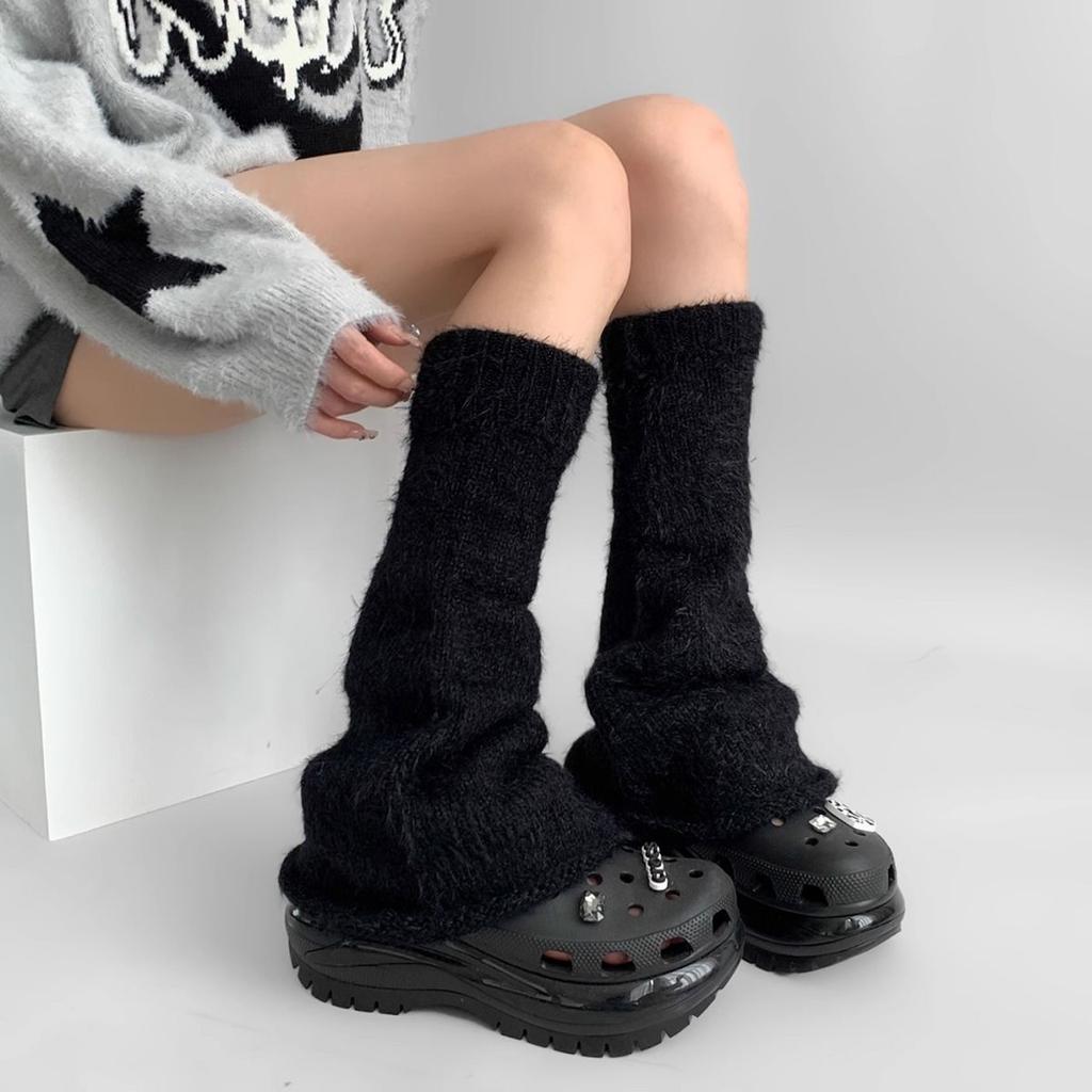 Autumn Winter Gray Series Gray Plush Warm Versatile JK Spice Girl Mid-calf Leg Warmers Y2K Wide-leg Cuffed Slouchy Leg Warmers