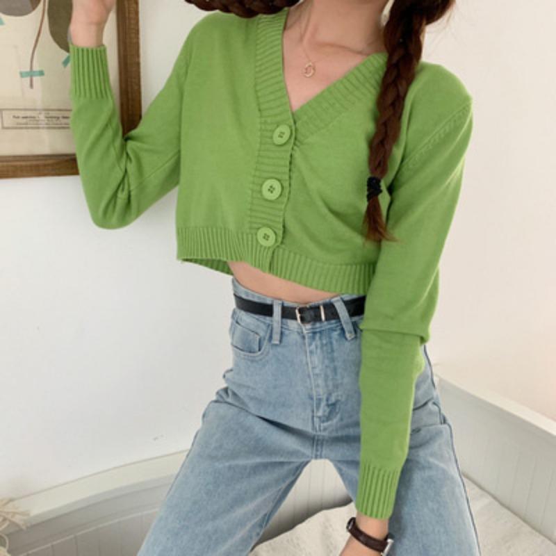 Fashion Short High Waist Long Sleeve Collar Women's Knit Cardigan Sweater Coat for Autumn Winter