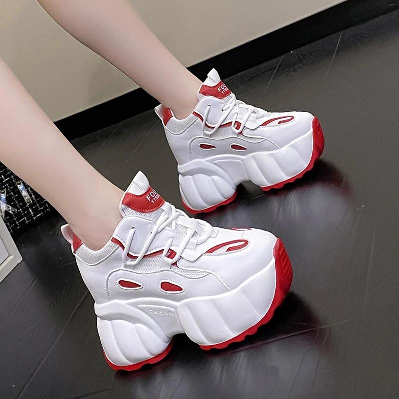 Móda Léto Dámské Klínky Robustní Tenisky Bílé Černé Ležérní Boty Dámské Vulkanizované Boty Vysoká Platforma Kožené Tenisky Žena Jaro