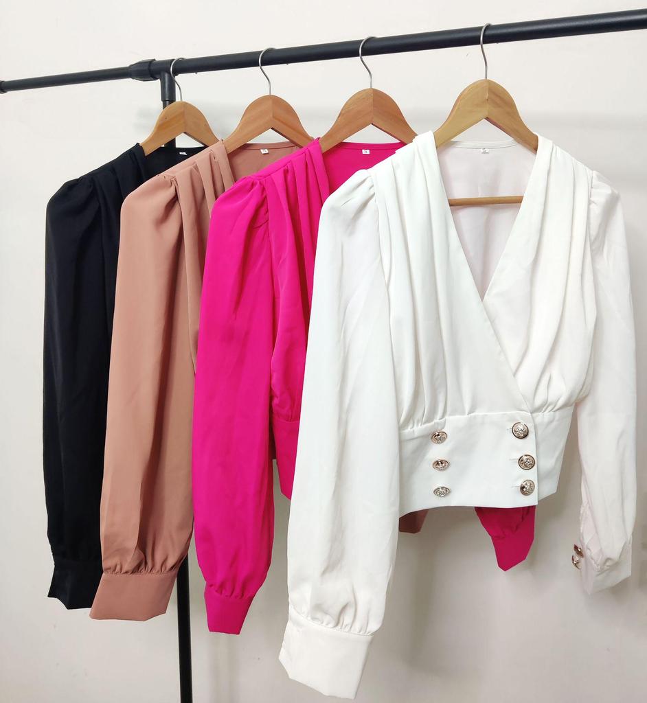 Damen V-Ausschnitt Sexy Langarm Puffärmel Einfarbig Kurzhemd