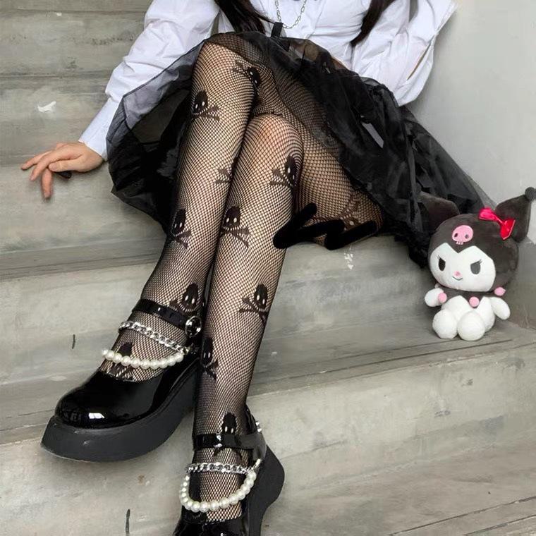 Mu Ruan Sieťované pančuchy s lebkou: Tmavé, Sexy, Všestranné Čierne Hodvábne Pančuchové Nohavice s Otvormi na Diskotéku alebo Študentský Štýl