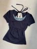 Women's Dark Blue Vintage Halterneck Lace T-Shirt