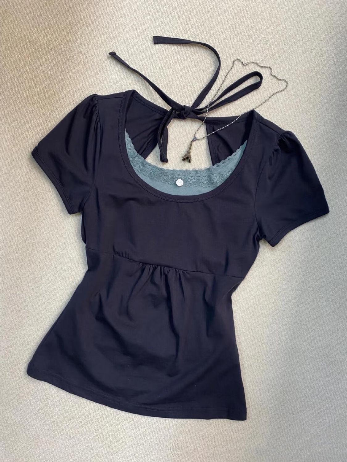 

Женская темно-синяя винтажная кружевная футболка с халтером Large