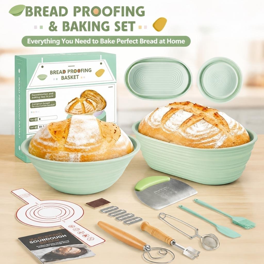 Collapsible Bread Proofing Basket Set with Dough Scraper and Baking Tools for Home Oven Use Includes Multiple Sizes for Artisan Bread Making