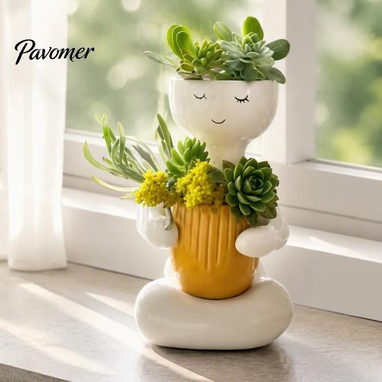 Cute Zen Home Decor Smiling Face Plant Pot, Double Planting Space Planter, Resin Desktop Flower Holder Sitting Figure Flowerpot for Succulents, Office