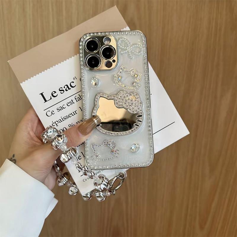 Epoxy Rhinestone Kt Cat Mirror Mobile Phone Case for Apple 17 Premium Sense Iphone16 Light Luxury 15 Pearl Bow Tie