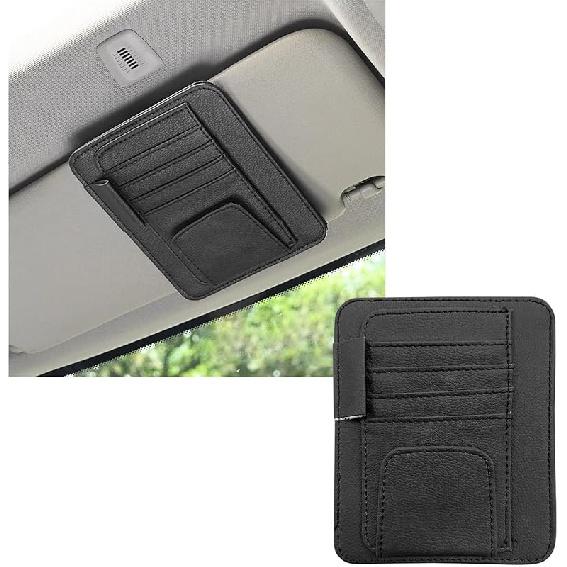 2PCS Small Leather Car Sun Visor Organizer, Multifunctional Auto Visor Document Holder With Sunglasses Clip, Universal Car Interior Organizer For