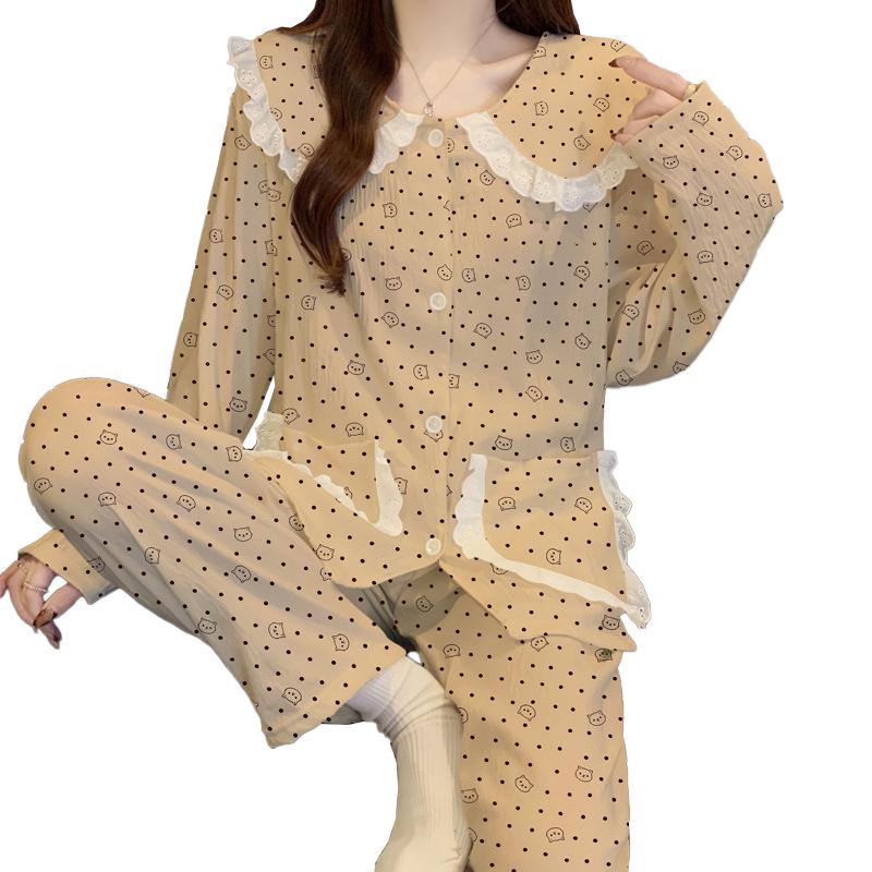 Pigiama in Cotone a Nuvole Pois - Set da Donna a Manica Lunga con Collo da Bambola per Primavera e Autunno