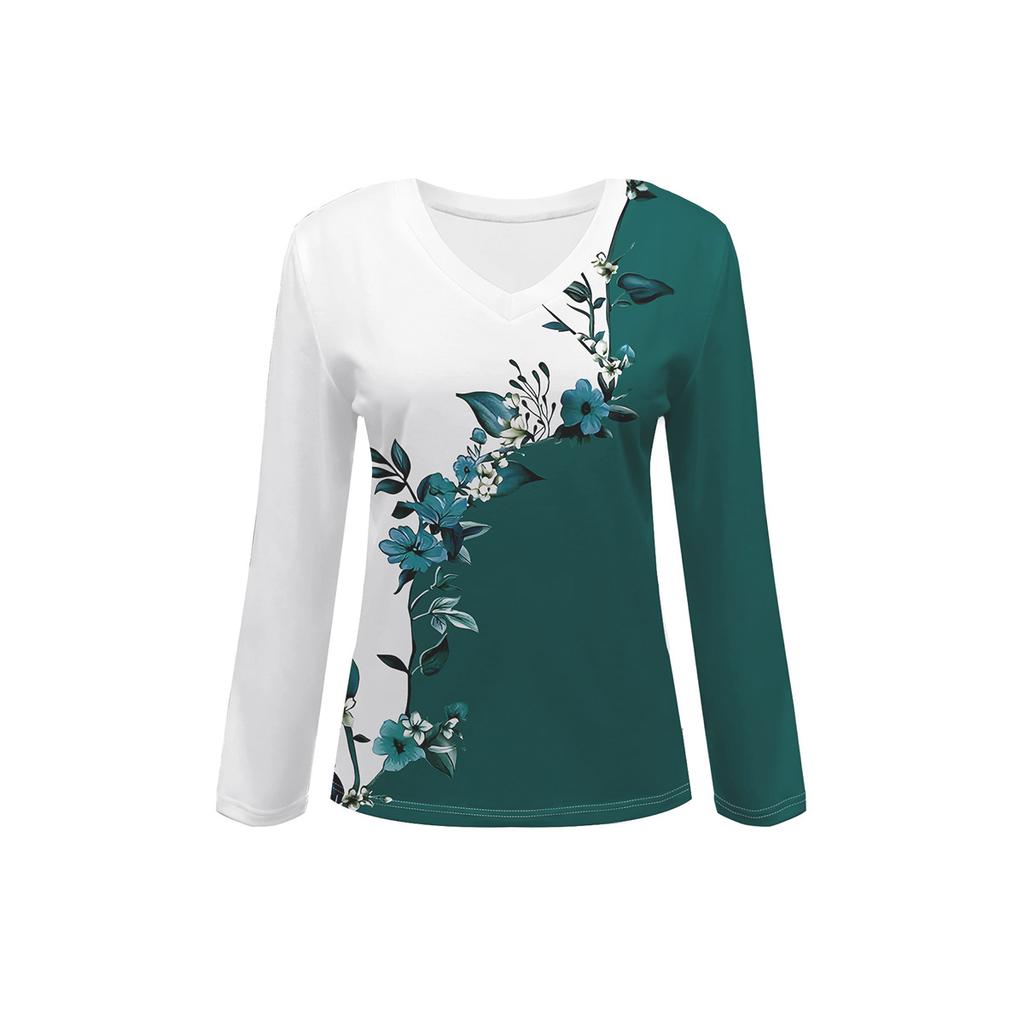 Halloween Fashion Geometric Pattern 3D Print V-Neck Long Sleeve T-Shirt Casual Top Polyester Breathable Women's Apparel Tops