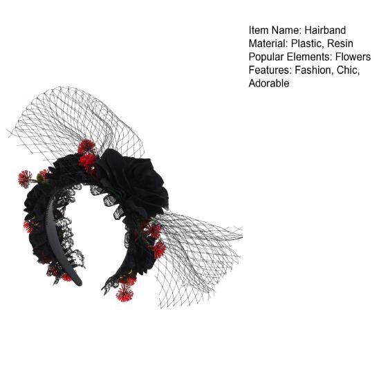 Halloween Rose Flower Headband for Women Gothic Black Lace Red Rose Hairbands Lolita Lace