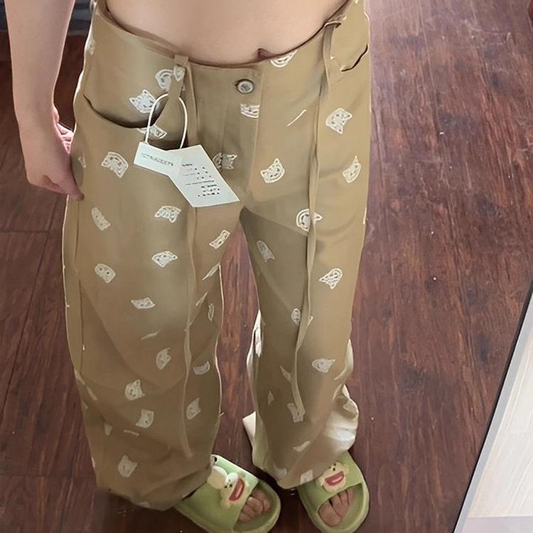 

Женские летние тонкие хаки брюки с высокой талией длиной до пола в повседневном стиле - Дизайнерские свободные брюки с принтом кошки 2XL