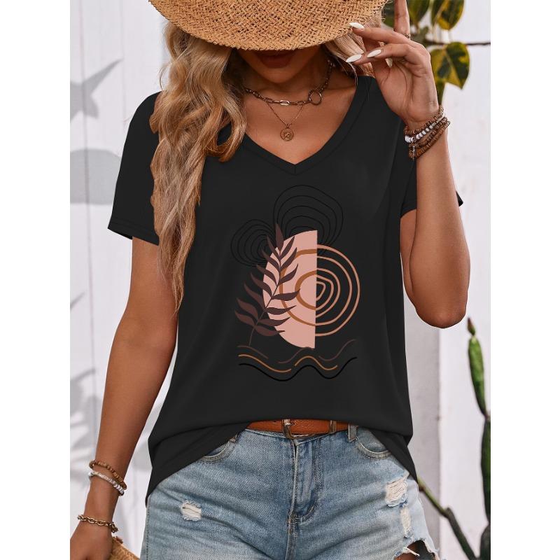 Bohemian Style Modern Abstract Nature Elements Illustration Pattern V-Neck Short Sleeve T-Shirt, Suitable for Outing And Leisure, Casual, Daily Wear