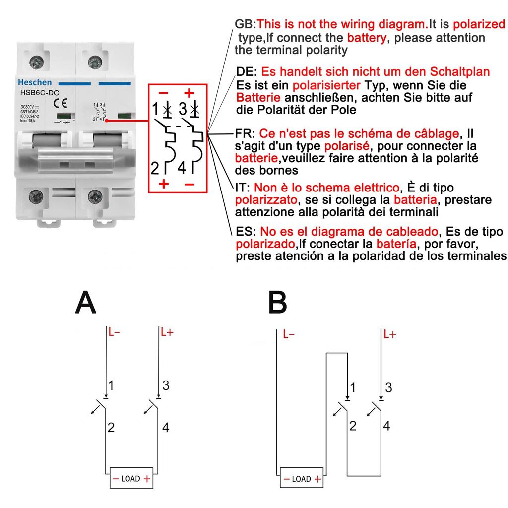 Heschen DC Miniature Circuit Breaker, HSB6C-DC, 2-Pole, DC500V 125A, for Solar Panel Controllers, 35mm DIN Rail Mounting, for PV Systems and Solar