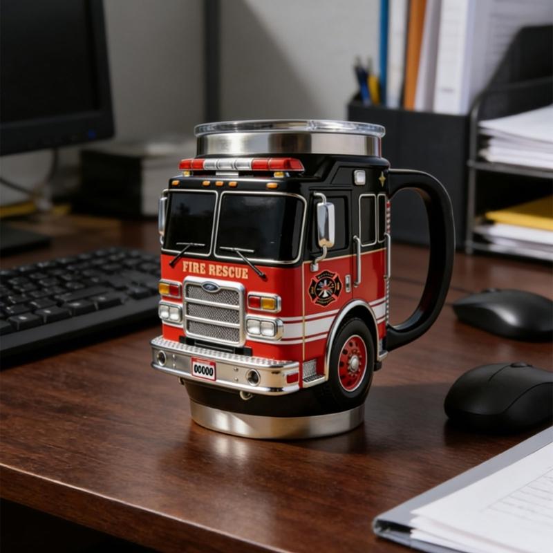 Portable Insulated Fire Truck Shape Coffee Cup with Detailed Design Drinking Cup Suitable for Gift Givings or Individual