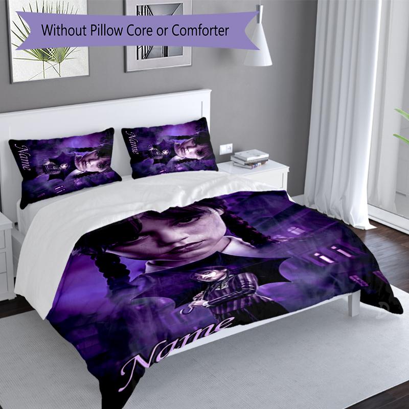 3pcs Custom Name Wednesday Addams Bedding Set,Includes 1 Duvet Cover and 2 Pillowcases,All-season Bedroom Decor