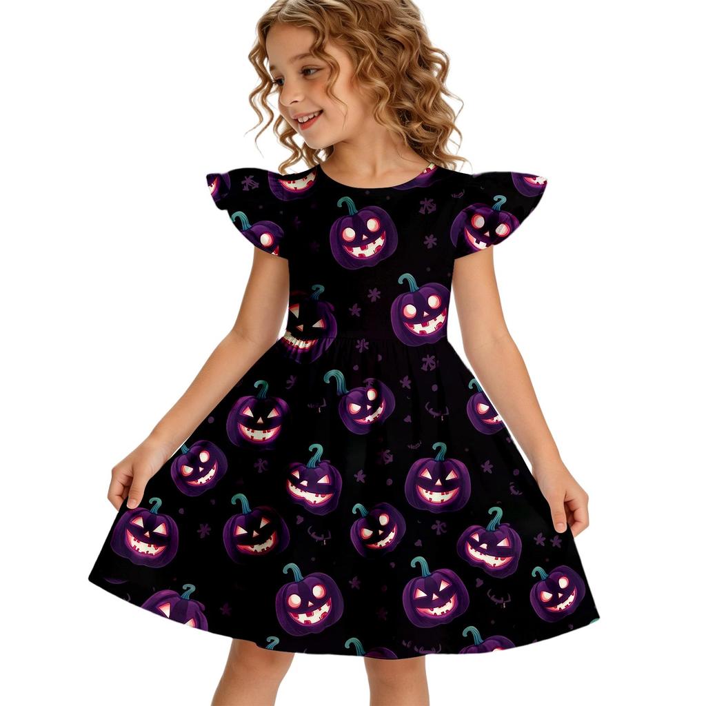 Girls Halloween Dress with Ruffled Hem and Sleeves - Casual Round Neck Toddler Dress for Fall Party
