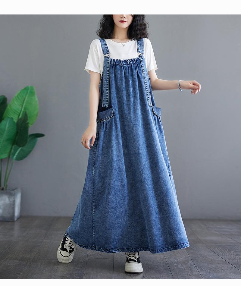 Japan and South Korea Large Size Women's Clothing Spring and Summer Medium and Long Strap Skirt Women's Loose and Thin Denim Strap Skirt Bigswingdress