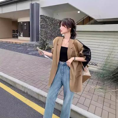 Khaki Design Loose Temperament Suit for Women Spring and Autumn New Casual Contrast Small Suit Jacket