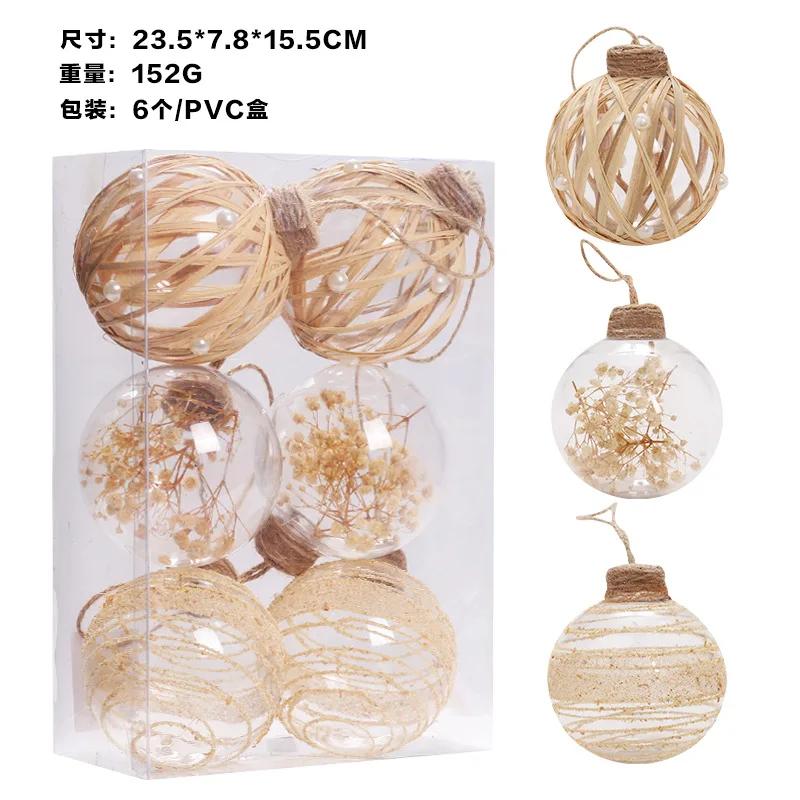 6 Stück Transparentes Weihnachtskugel-Set Xmas-Kugel-Ornamente Weihnachtsbaum DIY Garn Geflochtenes Design Trockenblumenkugel-Dekoration
