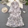 High-end Celebrity Temperament Lantern Long-sleeved V-neck Waist Thin A-word Printed Dress Elegant Pendulum Long Skirt