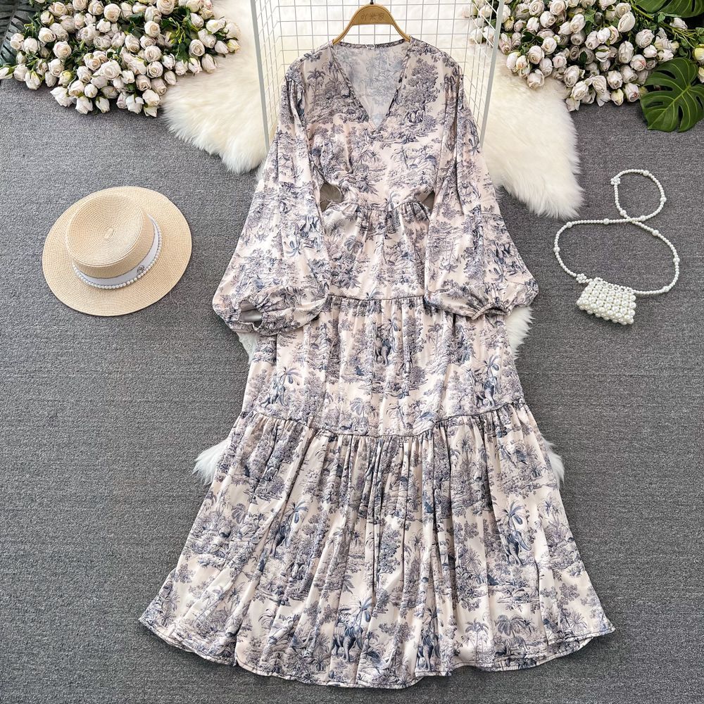 High-end Celebrity Temperament Lantern Long-sleeved V-neck Waist Thin A-word Printed Dress Elegant Pendulum Long Skirt