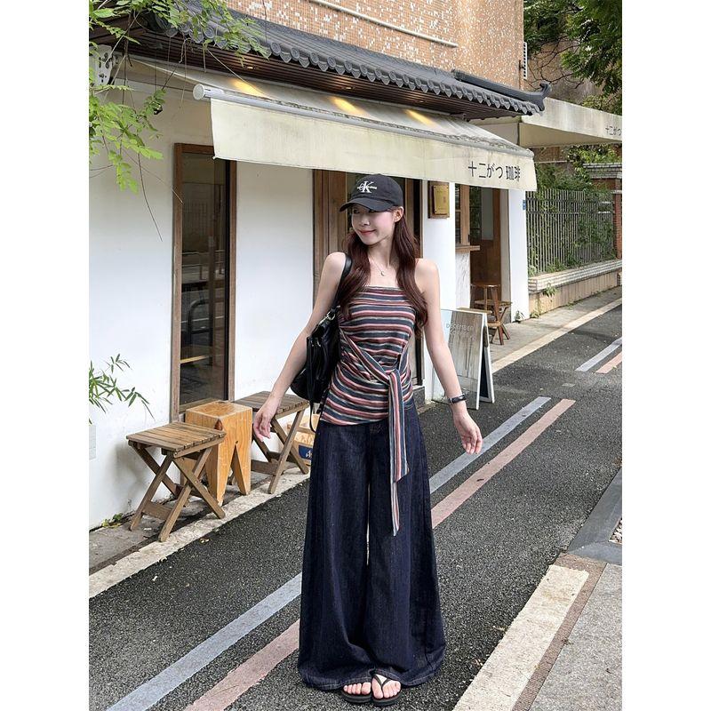 Kumikumi American vintage Gyaru Stripe Strap Tube Top Vest Women clothes Summer Chic Age-Reducing Slimming Top