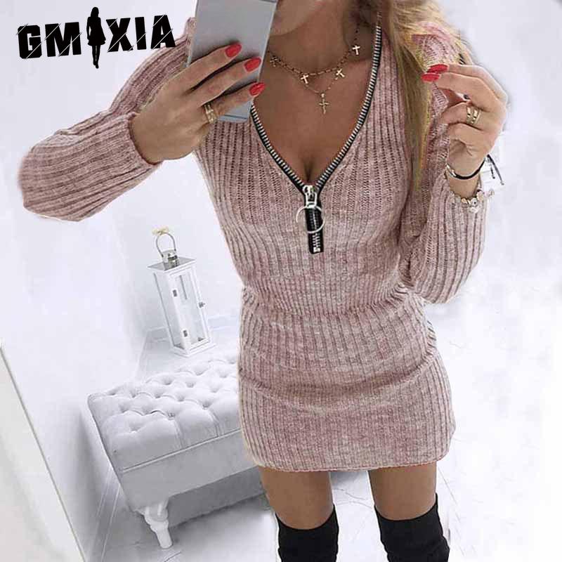 GMXIA S-5XL Automne Hiver Jupes Portefeuille Femme Taille Zippée Manches Longues Robe Tricotée Hanches