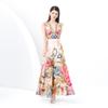 Summer Women Deep V-neck Flying Sleeve Vintage Print Holiday Beach Long Maxi Dresses