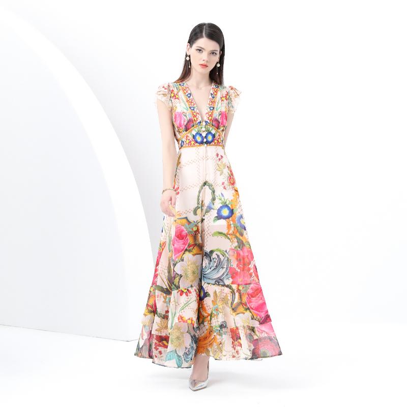 Summer Women Deep V-neck Flying Sleeve Vintage Print Holiday Beach Long Maxi Dresses
