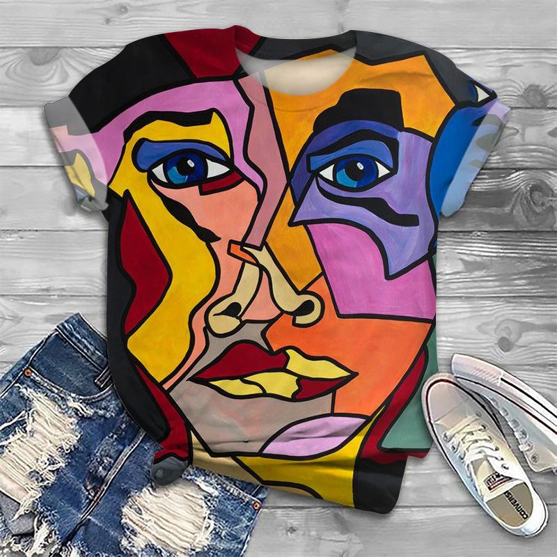 Camiseta Estampada 3D Cara Abstracta de Verano para Mujer Camisetas de Manga Corta Ropa de Calle Harajuku Camisetas Largas Y2k Ropa para Mujer