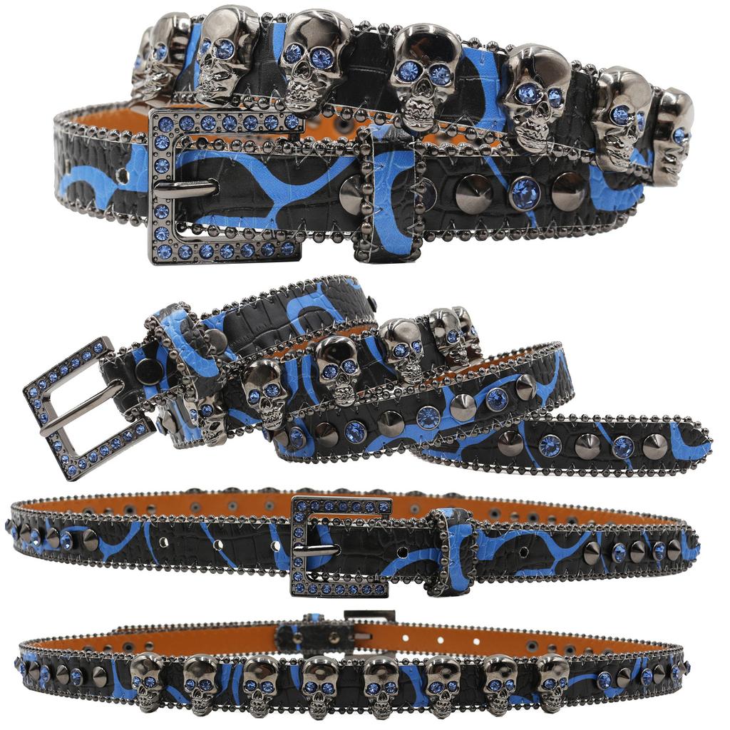 Vollschädel-Designmuster für Damen mit europäischem und amerikanischem Strass-Inlay-Gürtel, hochwertiger Dornschließe, Hip-Hop-Dekoration, Nachtclub