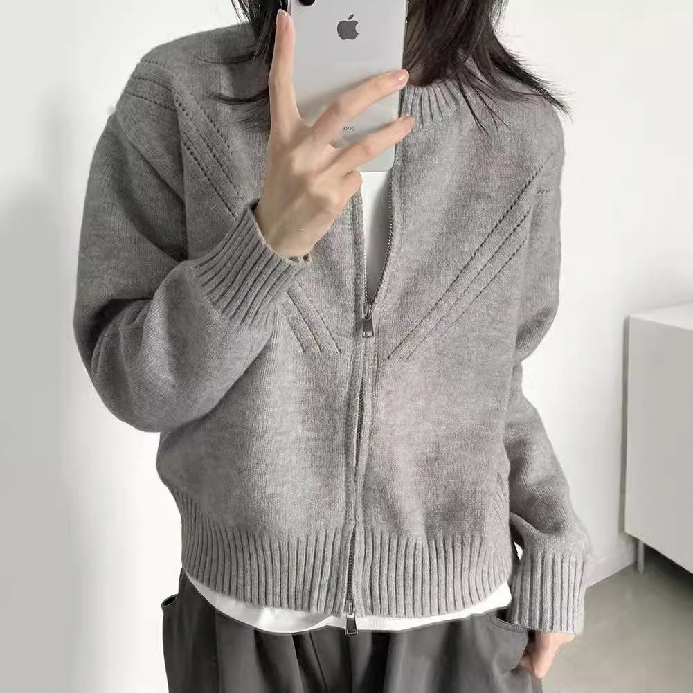 Versatile Women's Round Neck Knit Cardigan - Solid Color Zipper Outerwear for Autumn, Winter, and Spring